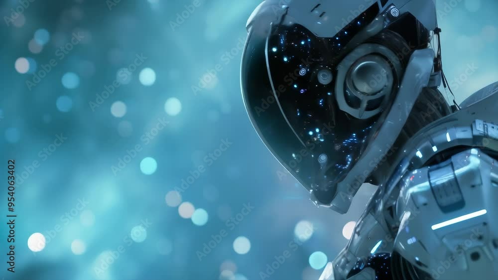 Futuristic robot in a space suit with a glowing helmet, exploring a digital starry environment. Futuristic robot in a space suit with a glowing helmet, exploring a digital starry environment.