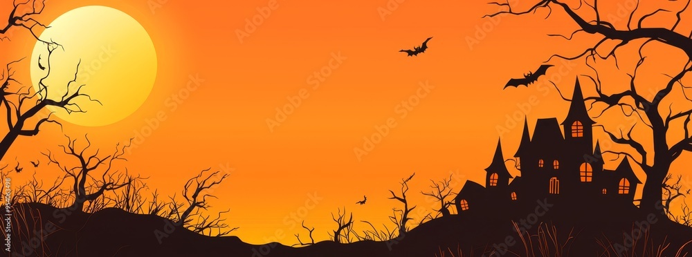A vibrant Halloween background features a silhouette of a haunted house set against a haunting orange sunset, surrounded by bats. A vibrant Halloween background features a silhouette of a haunted house set against a haunting orange sunset, surrounded by bats.
