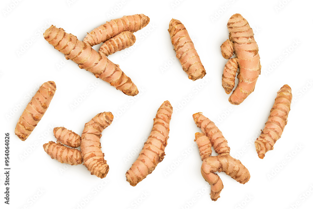 Turmeric root isolated on white background. Top view. Flat lay Turmeric root isolated on white background. Top view. Flat lay