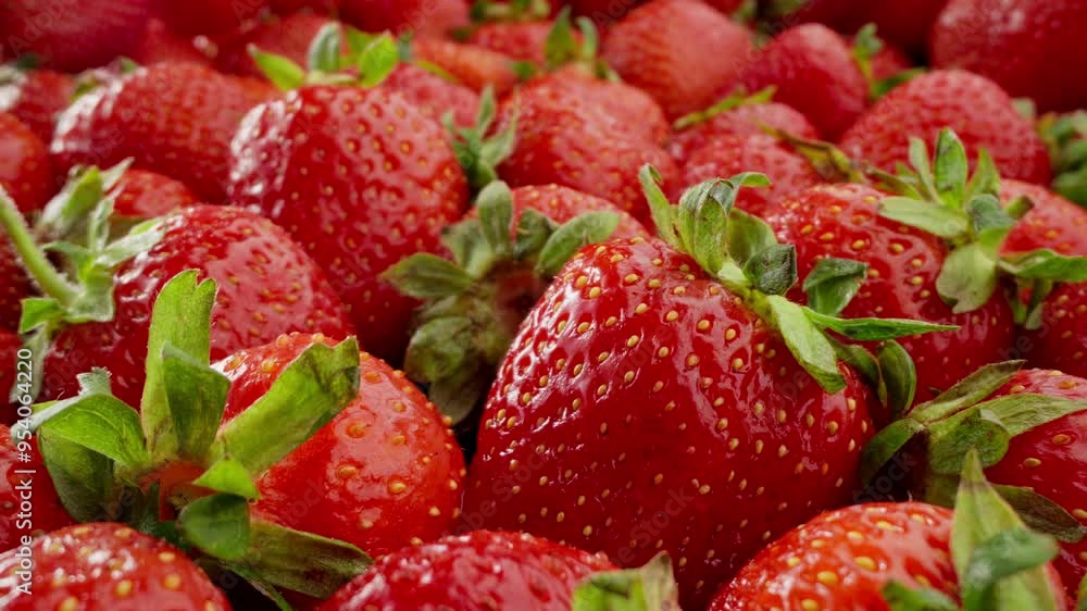 Male hand puts strawberry. Fresh strawberries. Pile of berries. Healthy eating concept. Raw vegan summer snack. Organic food. Close-up in 4K, UHD Male hand puts strawberry. Fresh strawberries. Pile of berries. Healthy eating concept. Raw vegan summer snack. Organic food. Close-up in 4K, UHD