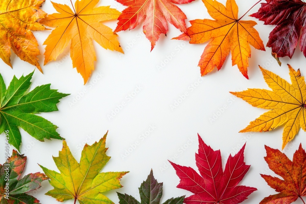 Autumn Maple Leaves Flat Lay White Background created with Generative AI Autumn Maple Leaves Flat Lay White Background created with Generative AI