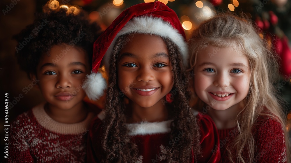 Three Diverse Children Smiling Together in Santa Hats, Celebrating the Joy and Warmth of Christmas in a Festive Holiday Setting Three Diverse Children Smiling Together in Santa Hats, Celebrating the Joy and Warmth of Christmas in a Festive Holiday Setting