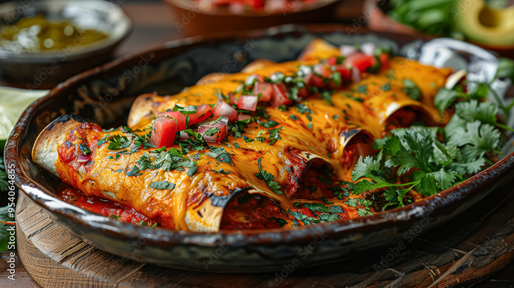 A plate of enchiladas with a side of guacamole and salsa. The dish is colorful and appetizing, with a variety of toppings and sauces. The presentation is inviting and makes the food look delicious A plate of enchiladas with a side of guacamole and salsa. The dish is colorful and appetizing, with a variety of toppings and sauces. The presentation is inviting and makes the food look delicious