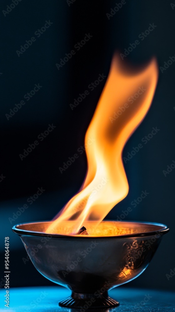 A flame burning in a small metal bowl in a contrast between light and shadow. Soft flame dances in a small bowl. A flame burning in a small metal bowl in a contrast between light and shadow. Soft flame dances in a small bowl.