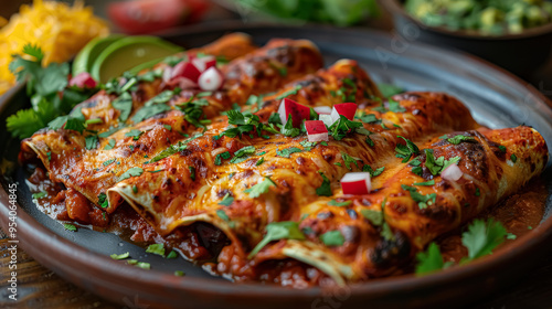 Wallpaper Mural A plate of enchiladas with a side of guacamole and salsa. The dish is colorful and appetizing, with a variety of toppings and sauces. The presentation is inviting and makes the food look delicious Torontodigital.ca