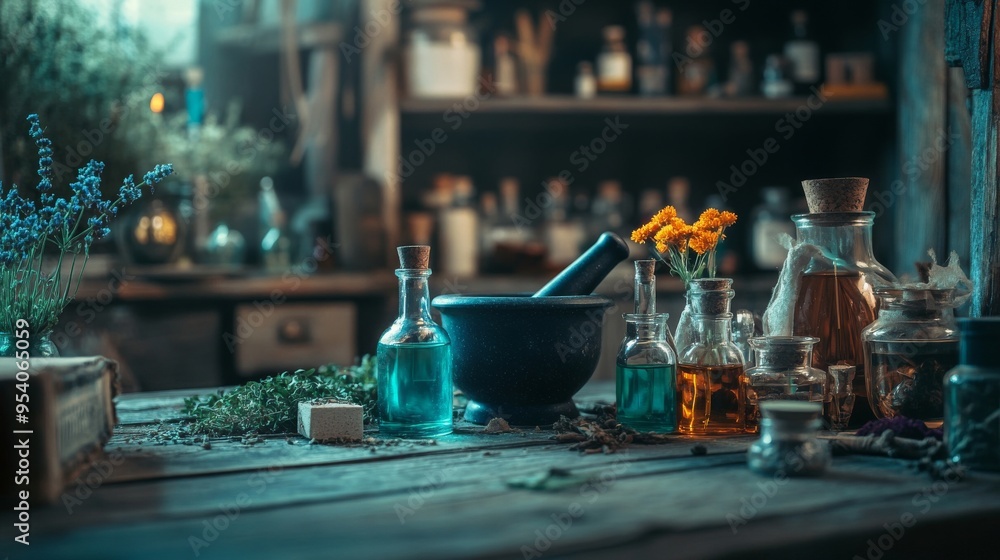 Witch's Lab. Alchemy apparatus, apothecary mixes. Mortar, powders, herbs. Halloween, old wood setting. Witch's Lab. Alchemy apparatus, apothecary mixes. Mortar, powders, herbs. Halloween, old wood setting.