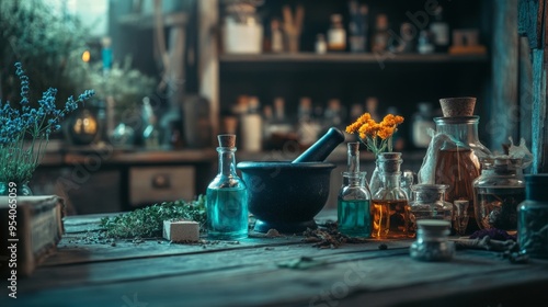 Witch's Lab. Alchemy apparatus, apothecary mixes. Mortar, powders, herbs. Halloween, old wood setting.