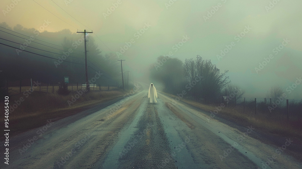 A ghostly figure in white stands in the middle of a desolate creepy road surrounded by foggy mist Halloween A ghostly figure in white stands in the middle of a desolate creepy road surrounded by foggy mist Halloween