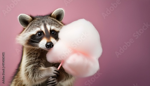 Funny photo of a raccoon holding a pink cotton candy isolated in front of a pink background with copy space