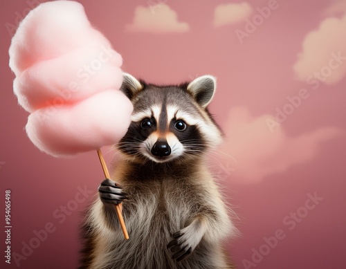 Funny photo of a raccoon holding a pink cotton candy isolated in front of a pink background with copy space