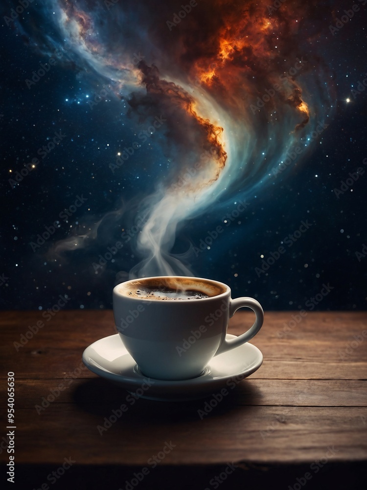 Coffee cup with rising steam against a cosmic backdrop, blending warmth with the mysteries of space. Coffee cup with rising steam against a cosmic backdrop, blending warmth with the mysteries of space.