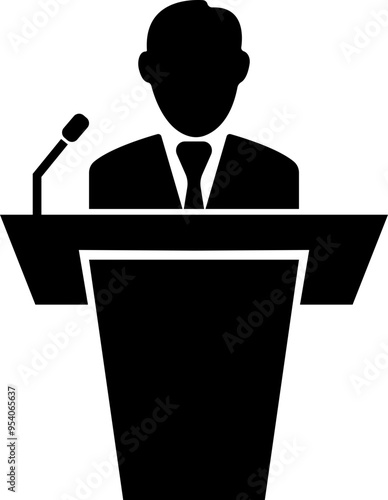 Businessman behind podium icon in flat. vector for apps or website image of the speakers of man with badge standing behind the pulpit and microphones. isolated on transparent background