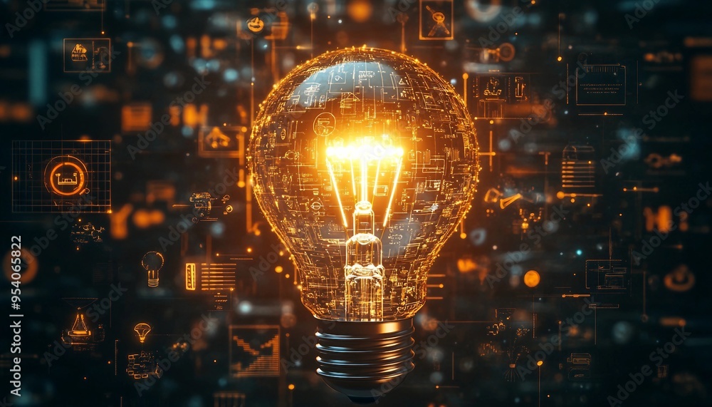 Radiant Concepts: Top View of a Light Bulb with Abstract Ideas, top-down 3D view of a light bulb where the filament glows brightly, Radiant Concepts: Top View of a Light Bulb with Abstract Ideas, top-down 3D view of a light bulb where the filament glows brightly,