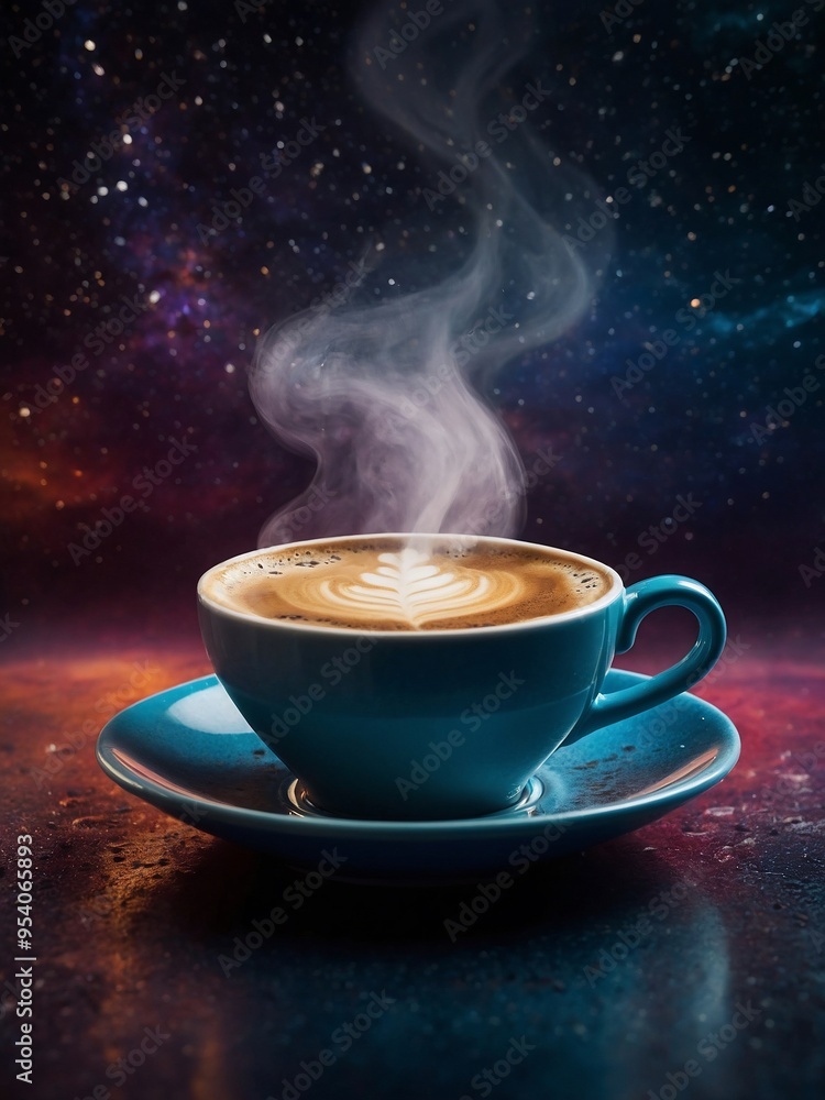 Coffee cup with rising steam set against a cosmic background, blending warmth with space themes. Coffee cup with rising steam set against a cosmic background, blending warmth with space themes.