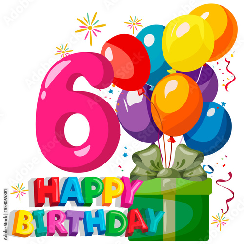 Box with gifts, balloons and number six and happy birthday