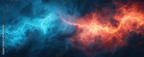 Lightning bolts illuminating a dark sky during a heavy storm, extreme weather, intense energy photo