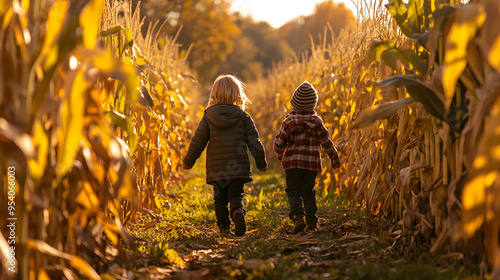Kids exploring a corn maze during autumn finding their way through the paths.