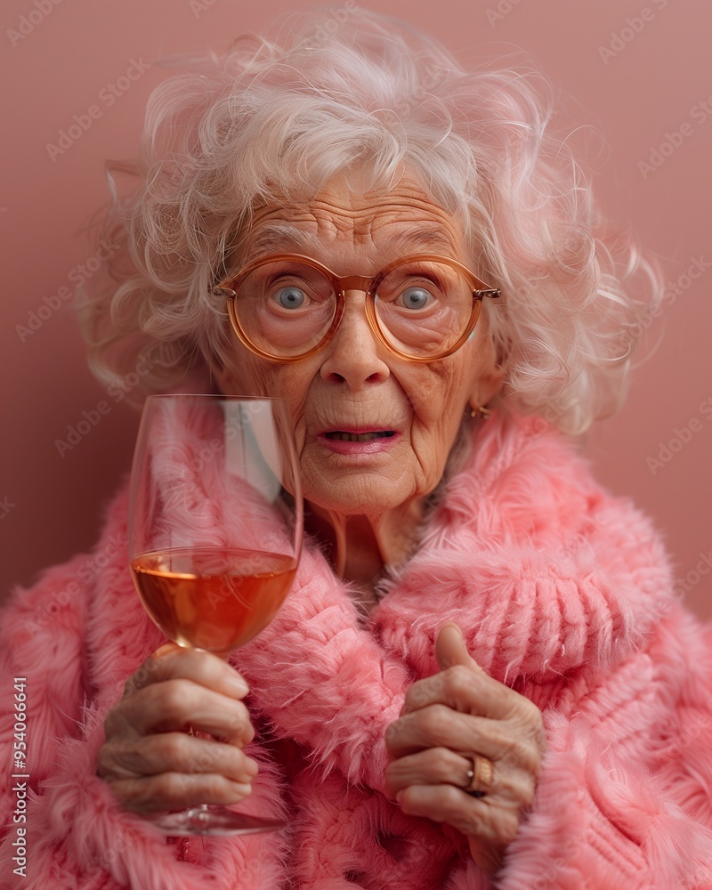 Surprised Senior Woman in Pink Fur with Wine Glass Surprised Senior Woman in Pink Fur with Wine Glass