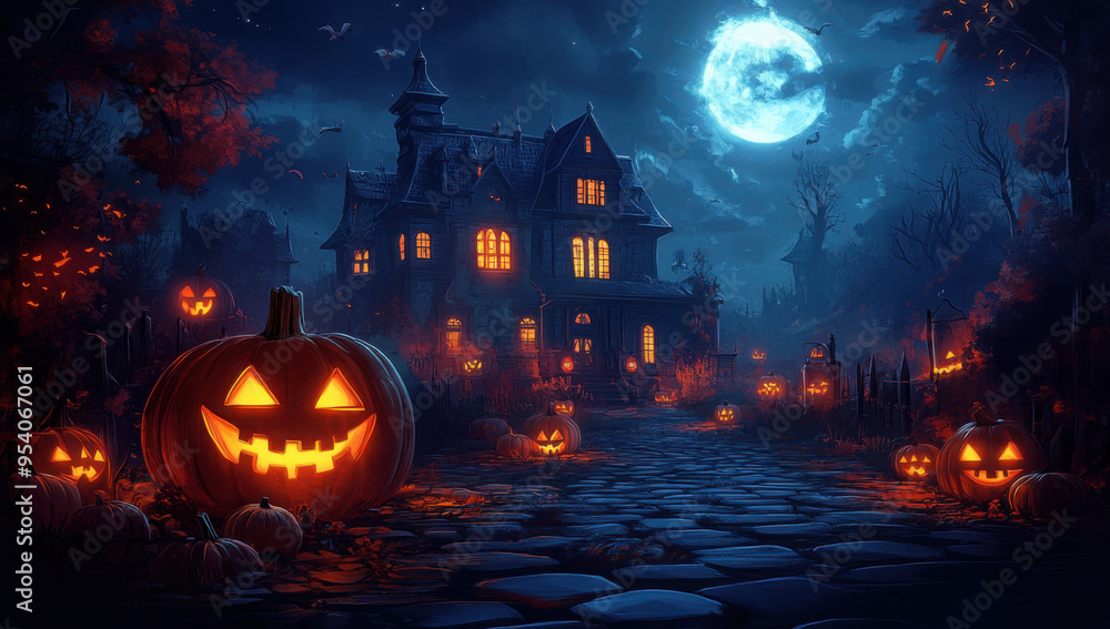 Halloween background with pumpkins and haunted house - 3D render. Halloween background with Evil Pumpkin. Spooky scary dark Night forrest. Holiday event halloween banner background concept Halloween background with pumpkins and haunted house - 3D render. Halloween background with Evil Pumpkin. Spooky scary dark Night forrest. Holiday event halloween banner background concept
