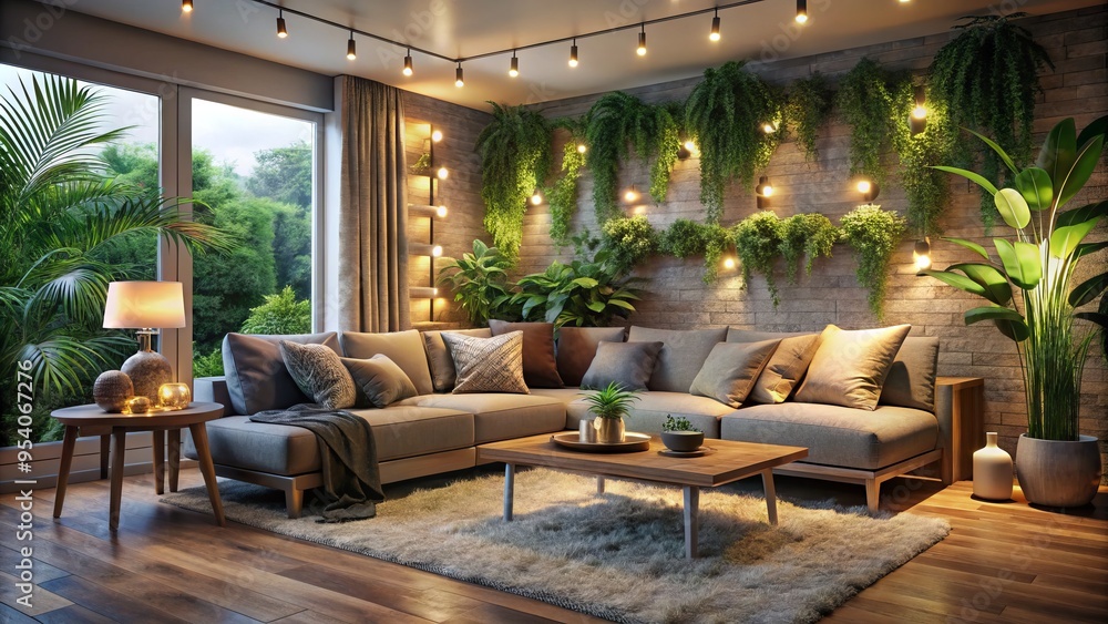 Cozy living room with plush couch, soft cushions, and warm lighting, surrounded by calming greenery and serene Cozy living room with plush couch, soft cushions, and warm lighting, surrounded by calming greenery and serene