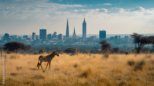 Nairobis skyline with the Nairobi National Park and wildlife in the foreground.