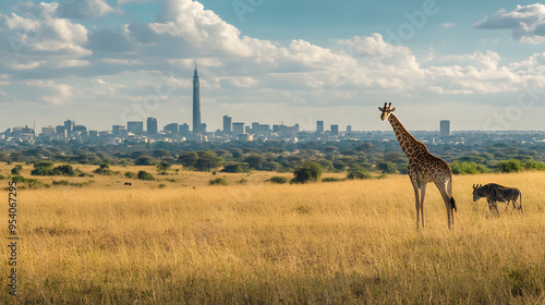 Nairobis skyline with the Nairobi National Park and wildlife in the foreground.