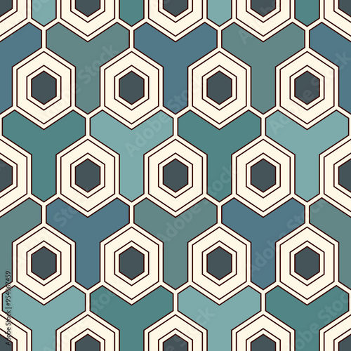 Contemporary honeycomb geometric pattern. Repeated hexagon ornament. Modern mosaic tiles background. Seamless surface abstract design. Geo wallpaper. Digital paper, textile print. Vector illustration