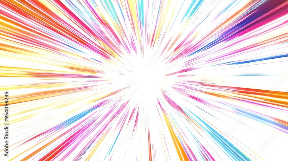 Radiant exploding star pattern with vibrant red, yellow, blue, and purple lines, spreading outward on a white background, enriched with a smooth gradient Radiant exploding star pattern with vibrant red, yellow, blue, and purple lines, spreading outward on a white background, enriched with a smooth gradient