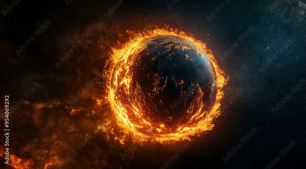 Naklejka premium A dark, planet-like Earth covered in lava, with the vast universe visible in the background