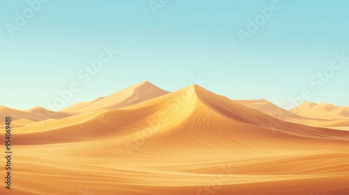 Realistic desert landscape with swirling sand, highlighting the serene beauty of the rolling dunes under a clear sky