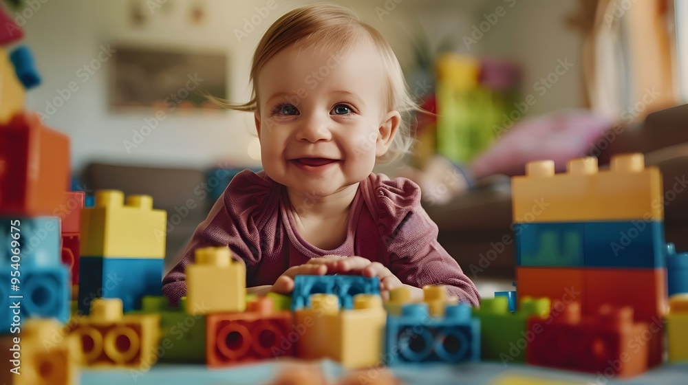 Happy toddler playing with colorful building blocks Happy toddler playing with colorful building blocks
