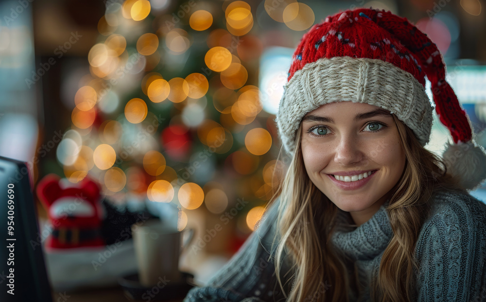 Young woman in a holiday hat by a Christmas tree. A young woman smiles warmly while wearing a festive hat Young woman in a holiday hat by a Christmas tree. A young woman smiles warmly while wearing a festive hat