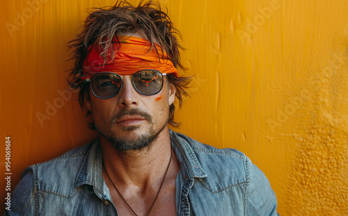 Man with sunglasses and orange bandana poses against an orange wall. photo