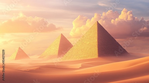 Sand pyramids in a vast desert landscape, set against a realistic background of endless dunes and a clear sky