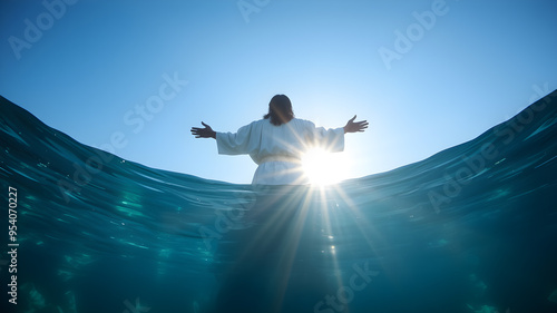 Sunlit water with Back view of Jesus Christ seen from behind. Generative AI