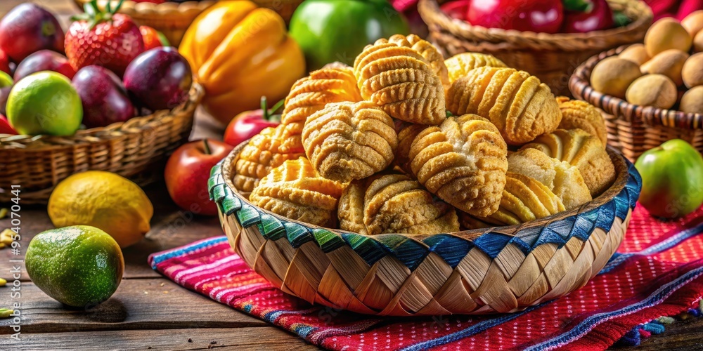 Crunchy, golden-brown sopitos, a traditional Mexican pastry, arranged on a woven basket, surrounded by vibrant fresh fruits, adding a pop of color to the scene. Crunchy, golden-brown sopitos, a traditional Mexican pastry, arranged on a woven basket, surrounded by vibrant fresh fruits, adding a pop of color to the scene.