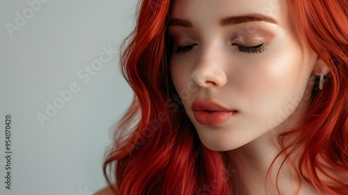 Natural woman with red hair on isolated gray background