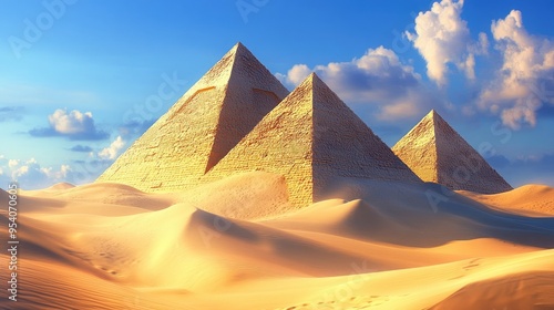 Elegant sand pyramids perfectly shaped, set against a realistic background of rolling dunes and a bright blue sky photo