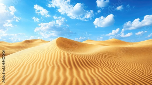 Stunning desert scene with swirling sand patterns, featuring a realistic background of rolling dunes and a bright blue sky