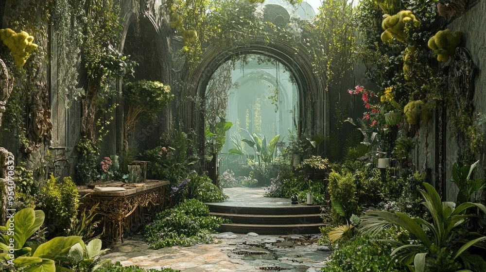 Fototapeta premium Elegant surreal garden with imaginative decor, merging fantasy and reality, set against a dynamic and realistic background