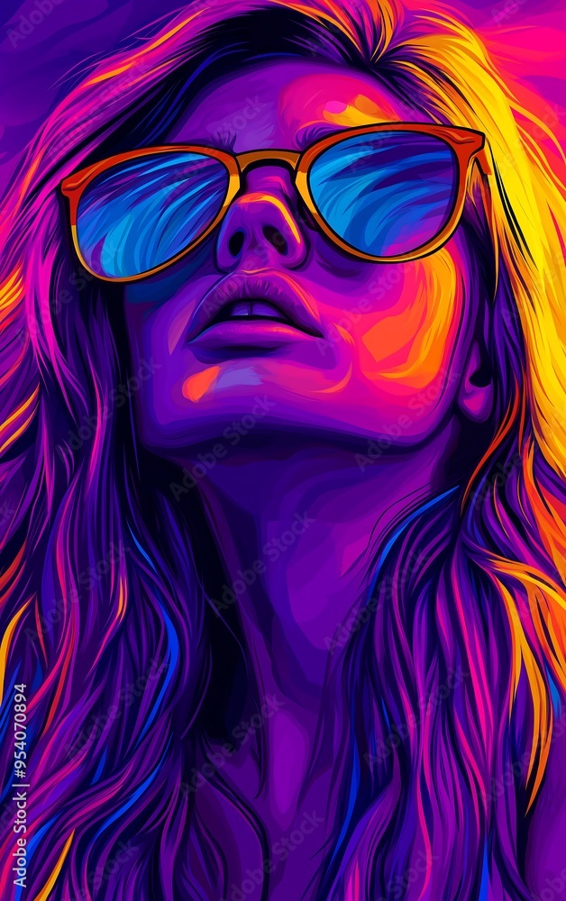 A colorful illustration of a close-up face portrait of a woman wearing aviator sunglasses A colorful illustration of a close-up face portrait of a woman wearing aviator sunglasses
