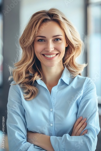 Free Download Photo of smiling businesswoman in blue shirt - GFXLoad