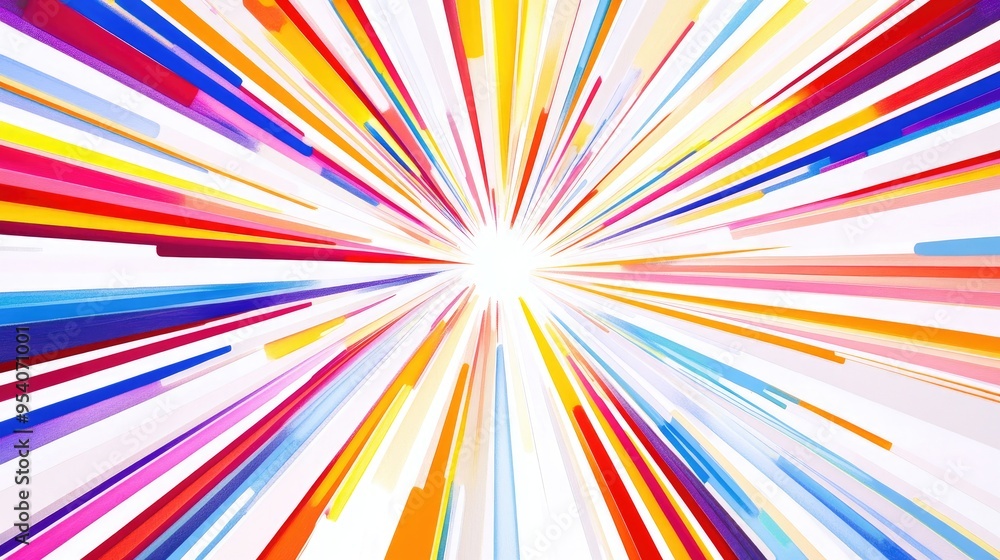 Exploding star pattern with radiant red, yellow, blue, and purple lines, emanating outward in a dynamic design on a white background Exploding star pattern with radiant red, yellow, blue, and purple lines, emanating outward in a dynamic design on a white background