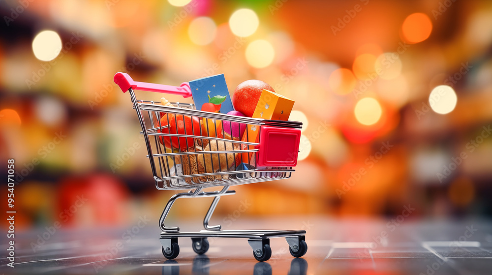 Shopping Cart Filled with Groceries in a Vibrant Supermarket Aisle for Retail and Consumer Goods Advertising Shopping Cart Filled with Groceries in a Vibrant Supermarket Aisle for Retail and Consumer Goods Advertising