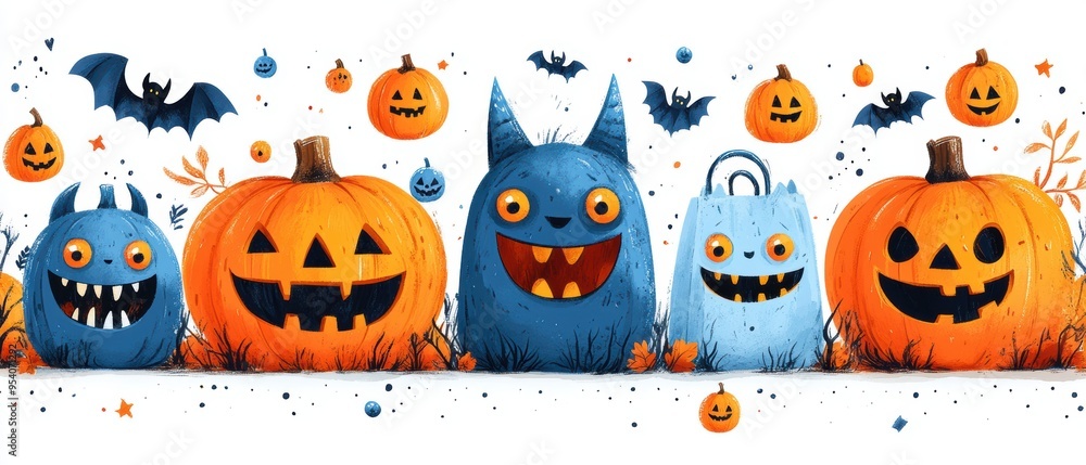 Happy Halloween Seamless Pattern with Cheerful Monsters, Jack-o'-Lanterns, and Trick-or-Treat Bags Happy Halloween Seamless Pattern with Cheerful Monsters, Jack-o'-Lanterns, and Trick-or-Treat Bags