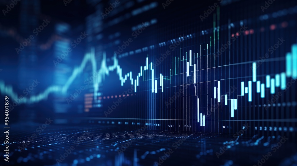 A digital representation of stock market trends with fluctuating graphs and data visualizations. A digital representation of stock market trends with fluctuating graphs and data visualizations.