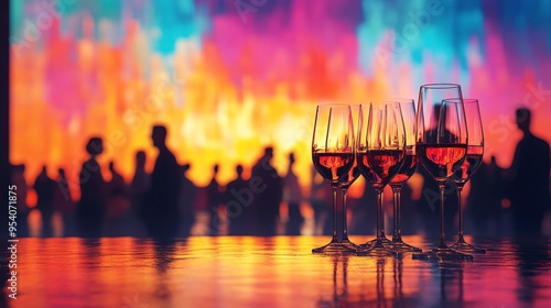 an illustration of Wine glasses standing on bar with people talking in background