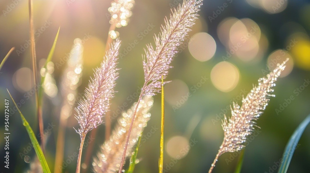 Morning sunlight on dew-covered grass flowers, creating a shimmering effect, set against a beautiful naturistic background Morning sunlight on dew-covered grass flowers, creating a shimmering effect, set against a beautiful naturistic background