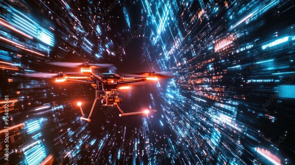 Neon light patterns from drones lighting up the night sky, with a dynamic black background, creating a breathtaking visual effect Neon light patterns from drones lighting up the night sky, with a dynamic black background, creating a breathtaking visual effect