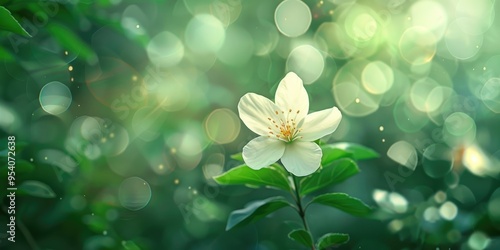 A graceful white blossom with a golden core rises elegantly amidst a lush greenery backdrop The slim stalk and foliage enhance the flower crafting a lively nature tableau with a gentle blur